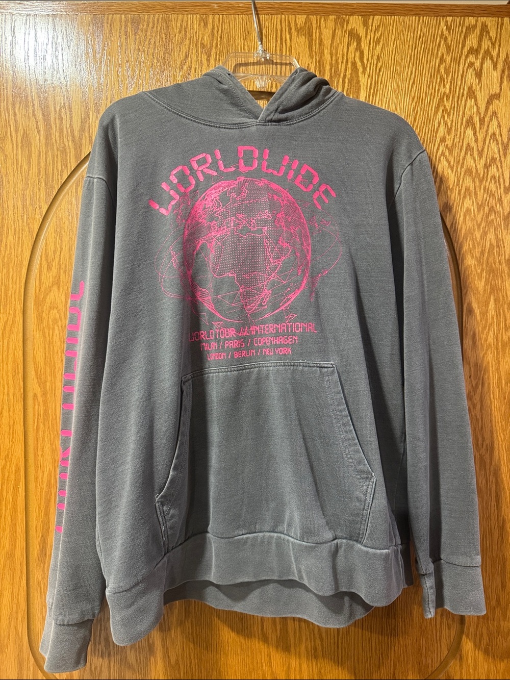 PrettyLittleThing Gray Hoodie with Pink Worldwide Graphic